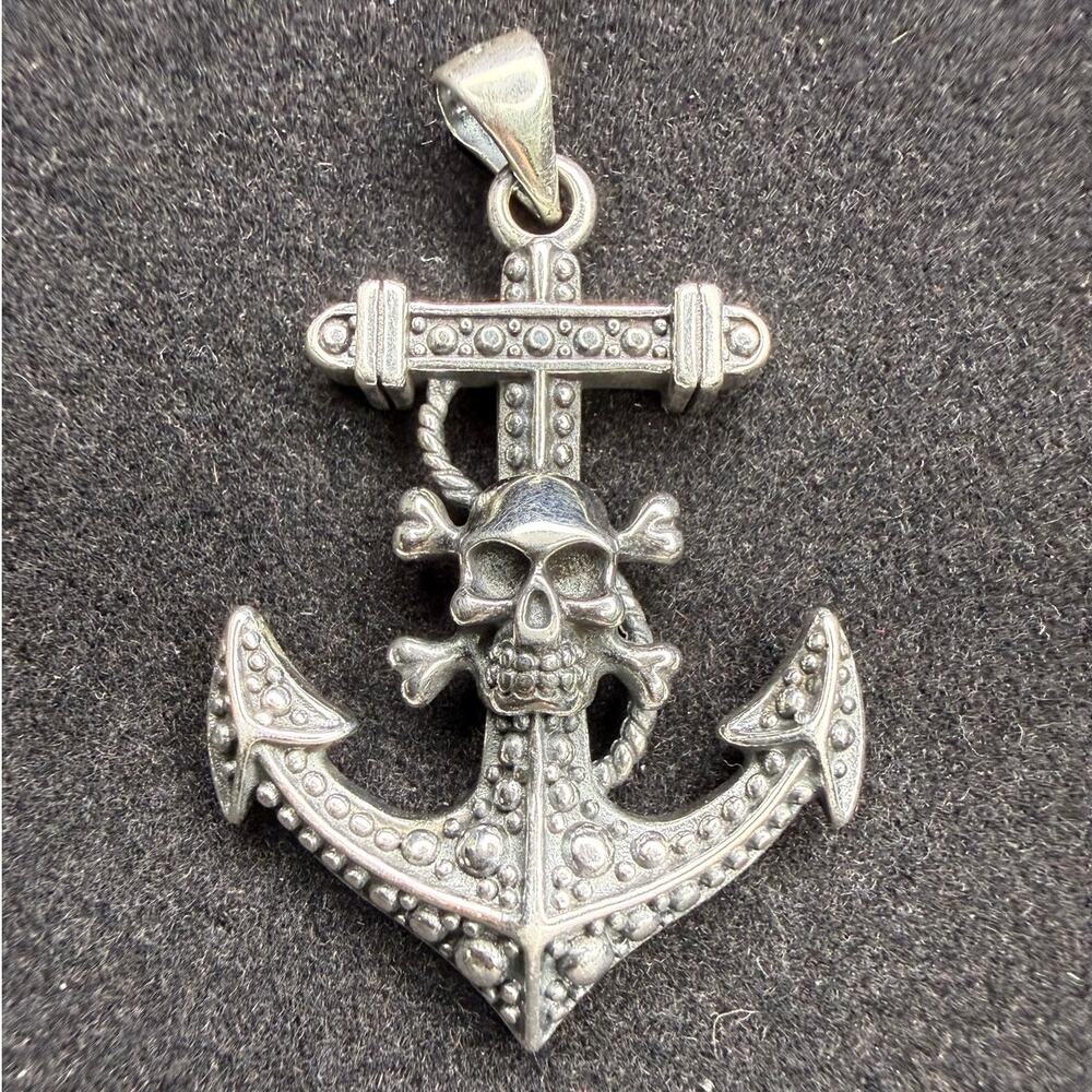 Solid 925 Sterling Silver Skull Anchor Pendant 1.45" Tall 3.8mm Bail